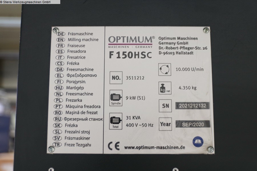 Centre d'usinage d'occasion - Vertical OPTIMUM OPTImill F 150 HSC