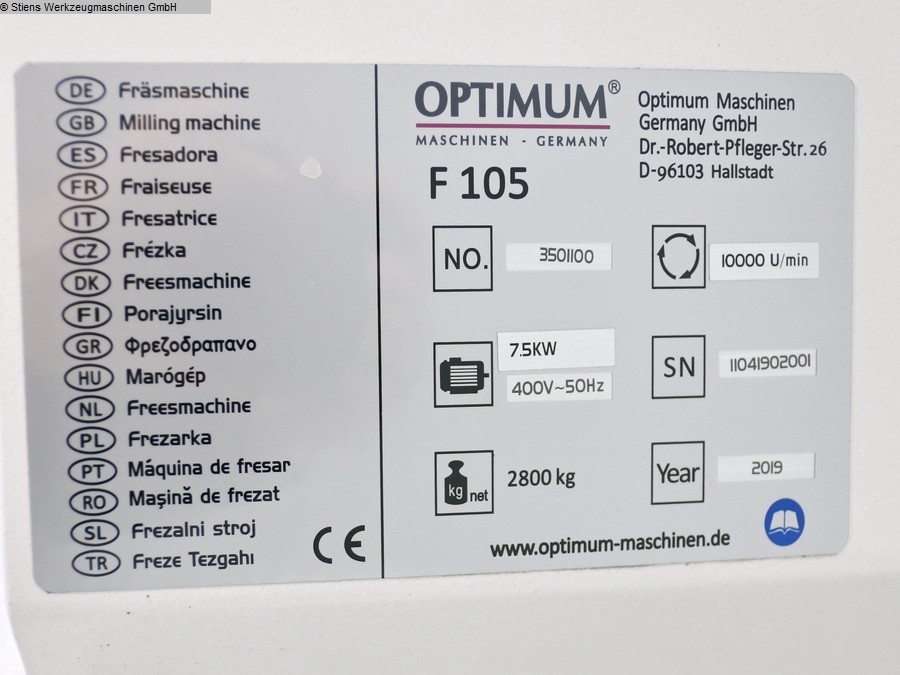 Centre d'usinage d'occasion - Vertical OPTIMUM OPTImill F 105 CNC