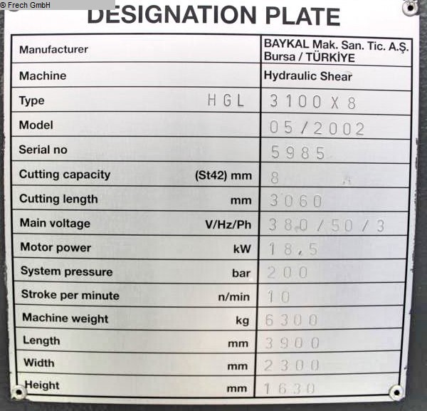 used Plate Shear - Hydraulic BAYKAL HGL 3100 x 8
