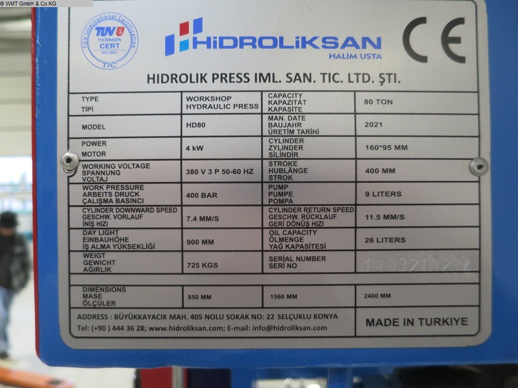 Presse d'essai d'occasion - hydraulique HIDROLIKSAN HD 80 - 920