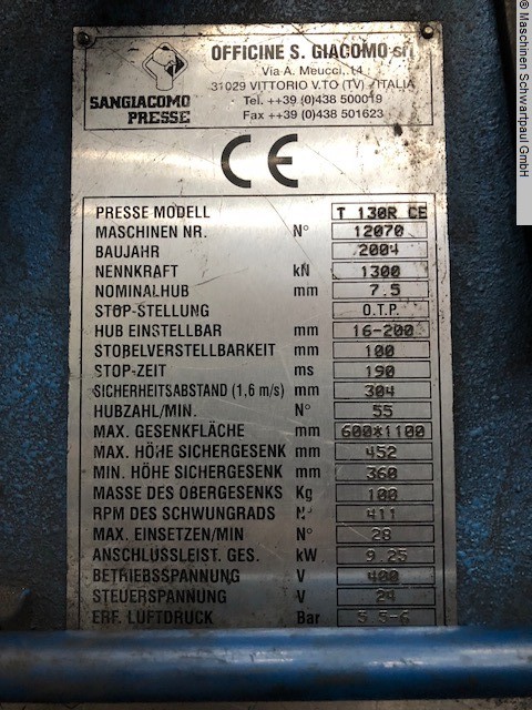used Eccentric Press - Single Column SANGIACOMO T130RCE used Eccentric Press - Single Column SANGIACOMO T130RCE